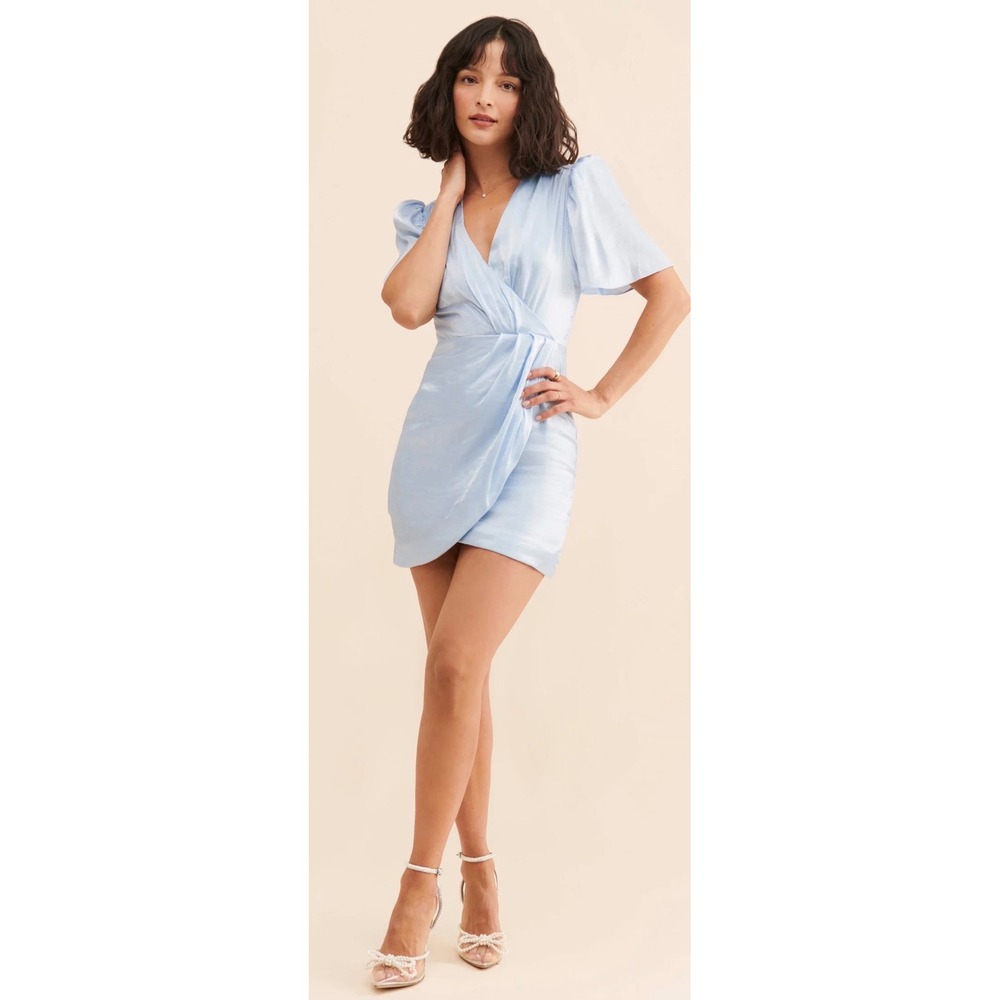 ELLIATT‎ gorgeous Light Blue Shimmer Wrap Mini Dress Puff Sleeve V-Neck. XS